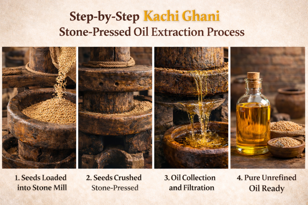 Step-by-step Kachi Ghani extraction process